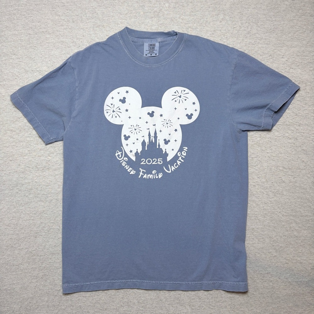 Comfort Colors Mens Tshirt Medium Blue Disney Family Vacation 2025 Mickey Castle